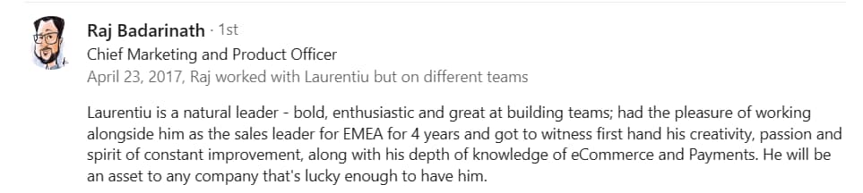 Raj Badarinath LinkedIn Quote on Laurentiu Ghenciu
